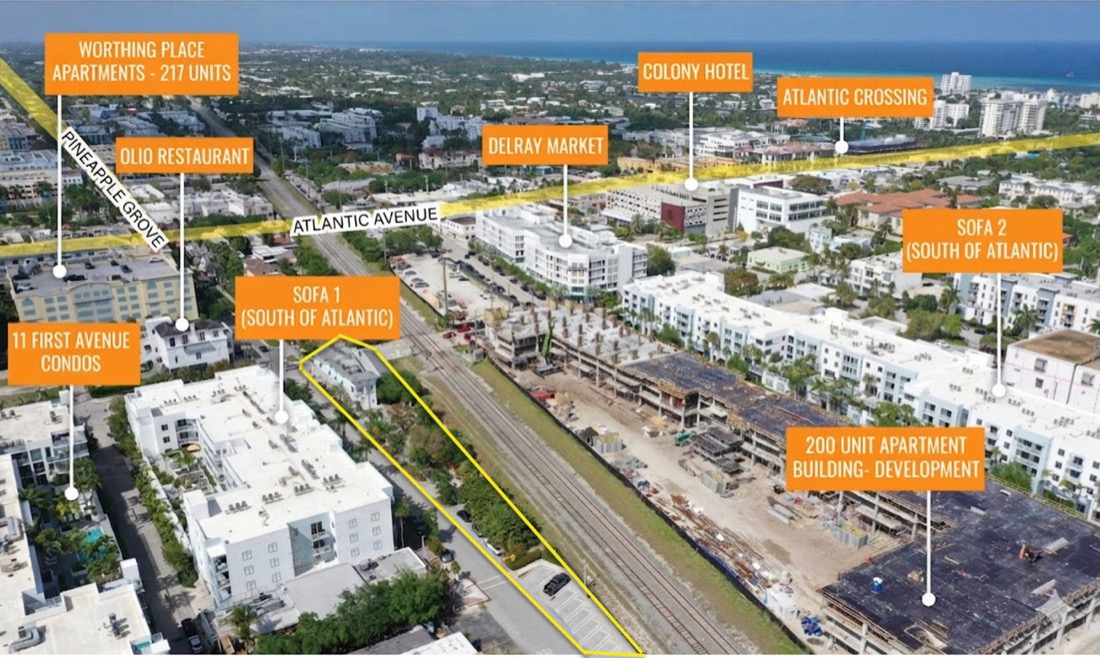 Aerial of 101 SE 2nd Avenue within downtown Delray Beach, showing Atlantic Avenue, Pineapple Grove, SOFA and nearby development