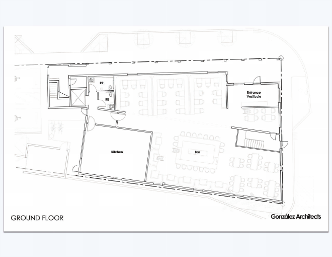Ground floor plan — kitchen, bar, dining and entrance vestibule