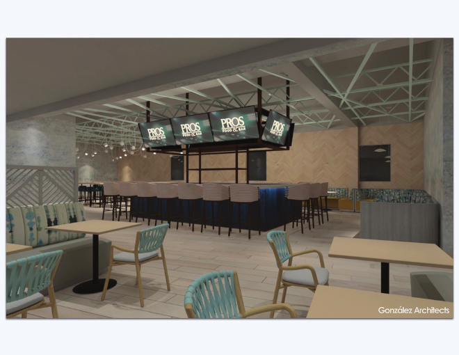 Interior concept rendering — bar and lounge seating